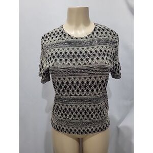 VTG Heavenly Black Beige Geometric Knit Top Women's Large USA Made Stretch Retro